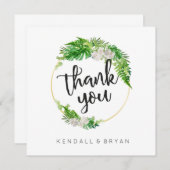 トロピカルパームグリーンとゴールドの花輪の感謝カード サンキューカード (正面/裏面)