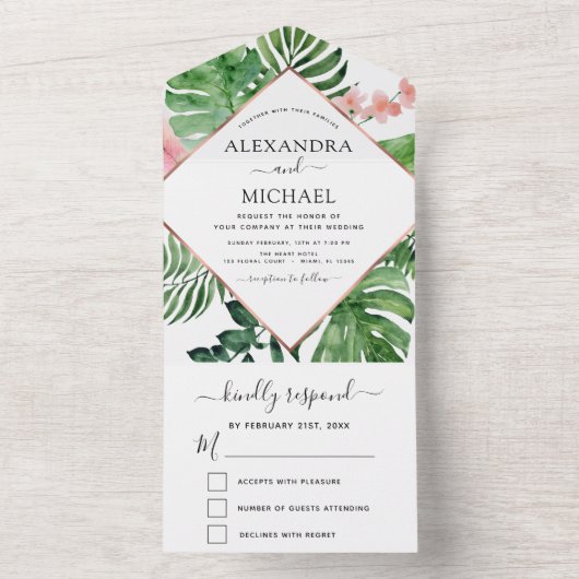 トロピカルパームジオメトリックローズゴールドウェディング オールインワン招待状 (内側)