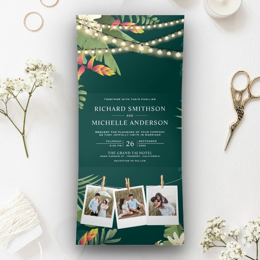トロピカルパームストリングライトフォトコラージュ結婚ズ 三つ折り招待状