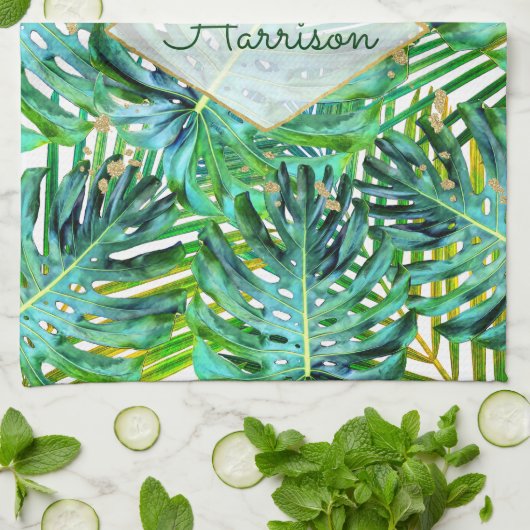 トロピカルパームスモンステラ葉金ゴールドグリッター キッチンタオル (折り畳み)