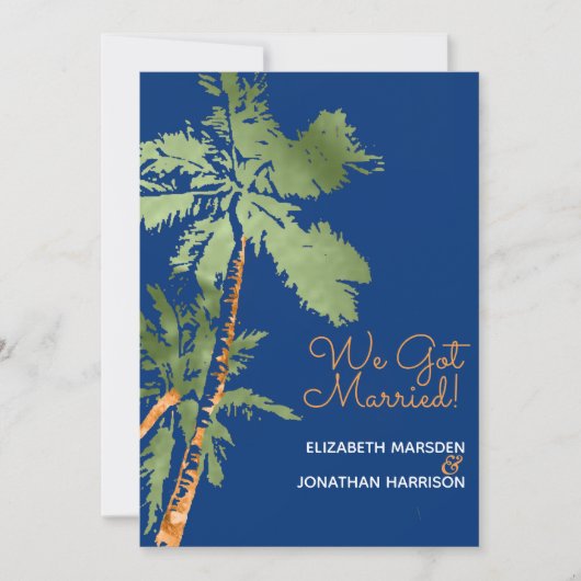 トロピカルパームズダークブルーたった今結婚しました披露宴 招待状 (正面)