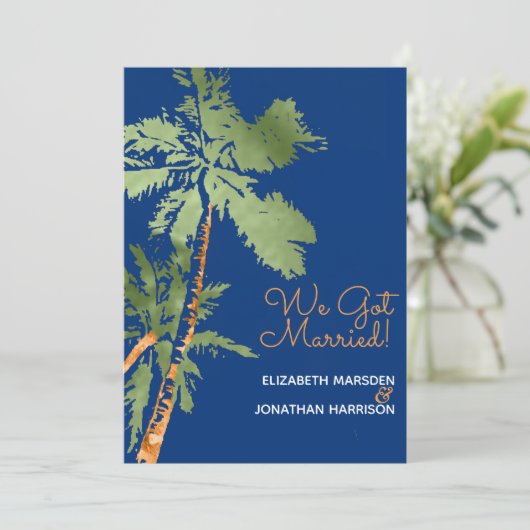 トロピカルパームズダークブルーたった今結婚しました披露宴 招待状 (スタンド正面)