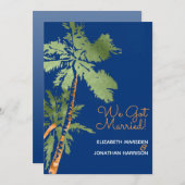 トロピカルパームズダークブルーたった今結婚しました披露宴 招待状 (正面/裏面)