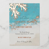 トロピカルパームズブルー海ビーチ結婚式金ゴールド 箔招待状 (正面)