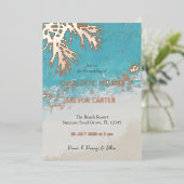 トロピカルパームズブルー海ビーチ結婚式金ゴールド 箔招待状 (立ち正面)