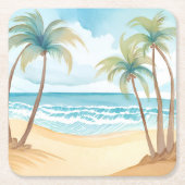 トロピカルパームズ | ビーチ水結婚色 スクエアペーパーコースター (正面)