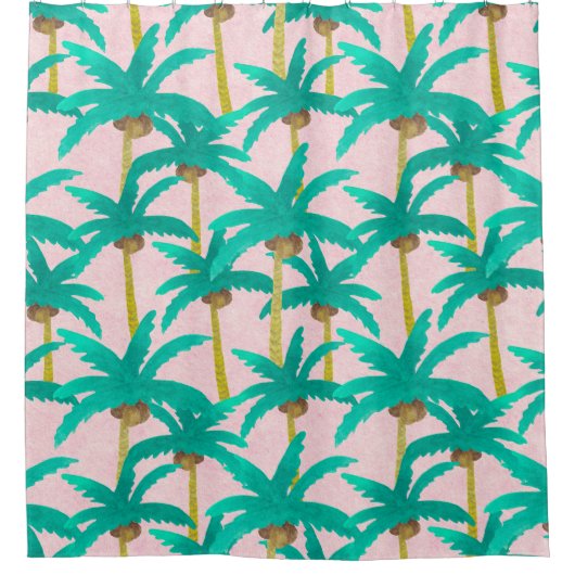 トロピカルパームズ:水彩の夏のパターン シャワーカーテン (正面)