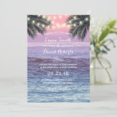 トロピカルパームツリーとストリングライトのビーチウェディング 招待状 (スタンド正面)