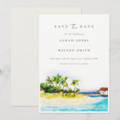 トロピカルパームツリーの海景ビーチ水彩画 セーブザデート (正面/裏面)