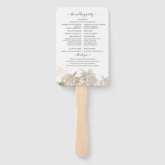 トロピカルパームツリーの結婚式プログラム ハンドファン (裏面)