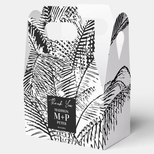 トロピカルパームツリーの葉のアブストラクトビーチウェディング フェイバーボックス (オープン)