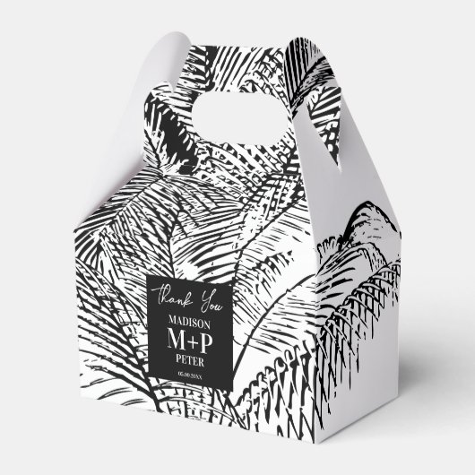 トロピカルパームツリーの葉のアブストラクトビーチウェディング フェイバーボックス (正面サイド)