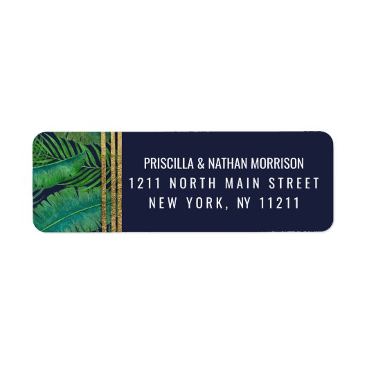 トロピカルパームツリーグリーンリー金ゴールドネイビーブルーアドレス ラベル (正面)