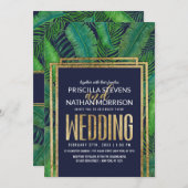 トロピカルパームツリーグリーンリー金ゴールドネービーブ結婚ルーズ 招待状 (正面/裏面)