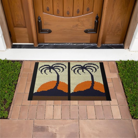 トロピカルパームツリーサンセットナチュラルクロシェプリントオン ドアマット (室外)