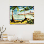 トロピカルパームツリーズとビーチスケッチ ポスター (キッチン)