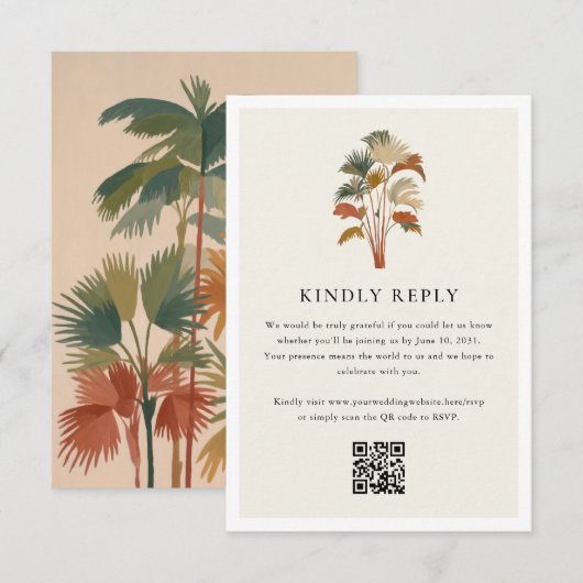 トロピカルパームツリーズウォーターカラーパステルボホ結婚ズ 出欠カード (正面/裏面)