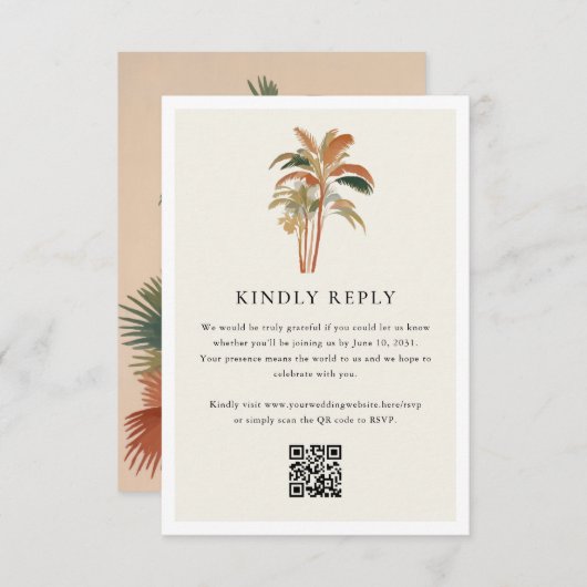 トロピカルパームツリーズウォーターカラーパステルボホ結婚ズ 出欠カード (正面/裏面)