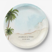 トロピカルパームツリーズサンドビーチ目的地の結婚式 ペーパープレート (正面)