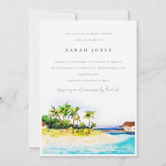 トロピカルパームツリーズシースケープビーチブライダルシャワー 招待状 (正面)