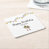 トロピカルパームツリーズストリングライツバースデーパーティー スクエアペーパーコースター (アングル)