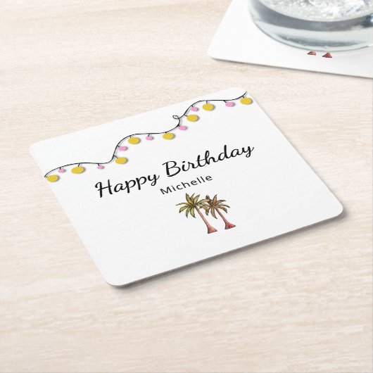トロピカルパームツリーズストリングライツバースデーパーティー スクエアペーパーコースター (アングル)