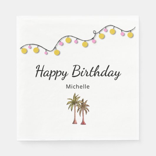 トロピカルパームツリーズストリングライツバースデーパーティー スタンダードランチョンナプキン (正面)