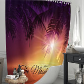 トロピカルパームツリーズパープルサンセットファミリーモノグラム シャワーカーテン