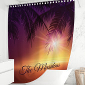 トロピカルパームツリーズパープルサンセットファミリーモノグラム シャワーカーテン