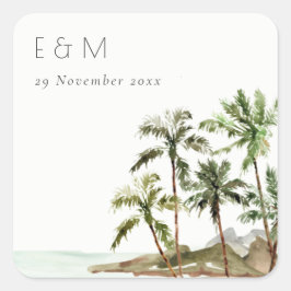 トロピカルパームツリーズビーチサンドモノグラム結婚ズ スクエアシール