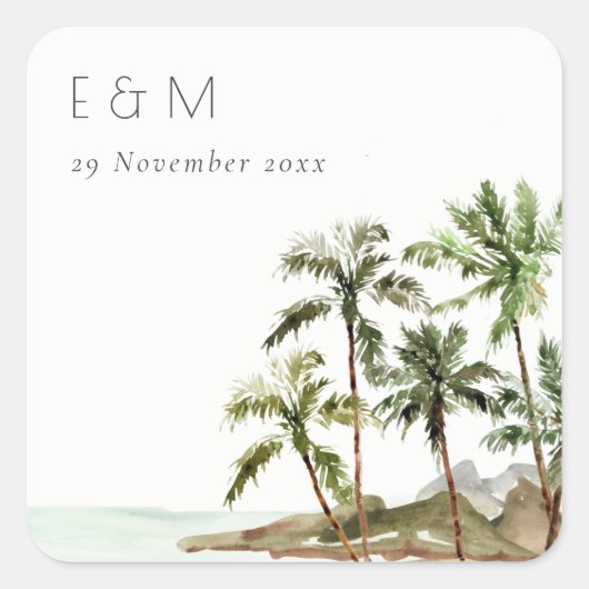 トロピカルパームツリーズビーチサンドモノグラム結婚ズ スクエアシール (正面)