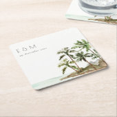 トロピカルパームツリーズビーチサンドモノグラム結婚ズ スクエアペーパーコースター (アングル)