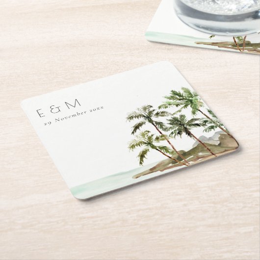 トロピカルパームツリーズビーチサンドモノグラム結婚ズ スクエアペーパーコースター (アングル)
