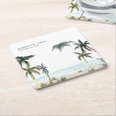 トロピカルパームツリーズビーチサンドモノグラム結婚ズ スクエアペーパーコースター (アングル)
