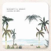 トロピカルパームツリーズビーチサンドモノグラム結婚ズ スクエアペーパーコースター (正面)