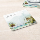 トロピカルパームツリーズビーチサンドモノグラム結婚ズ スクエアペーパーコースター (アングル)