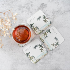 トロピカルパームツリーズビーチサンドモノグラム結婚ズ スクエアペーパーコースター