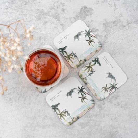 トロピカルパームツリーズビーチサンドモノグラム結婚ズ スクエアペーパーコースター