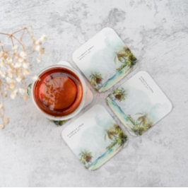 トロピカルパームツリーズビーチサンドモノグラム結婚ズ スクエアペーパーコースター