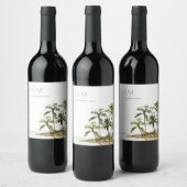 トロピカルパームツリーズビーチサンドモノグラム結婚ズ ワインラベル (ボトル)