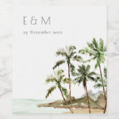 トロピカルパームツリーズビーチサンドモノグラム結婚ズ ワインラベル (シングルラベル)