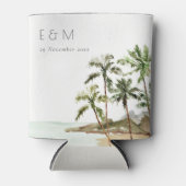 トロピカルパームツリーズビーチサンドモノグラム結婚ズ 缶クーラー (正面)