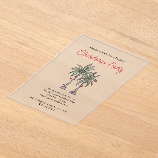 トロピカルパームツリーズビーチホリデーパーティークリスマス アクリル招待状 (レイダウン)