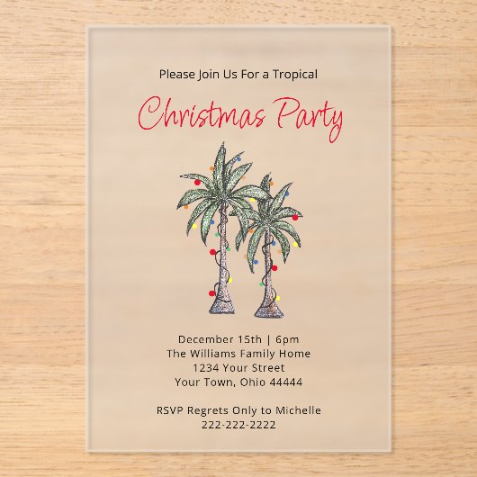 トロピカルパームツリーズビーチホリデーパーティークリスマス アクリル招待状 (正面)