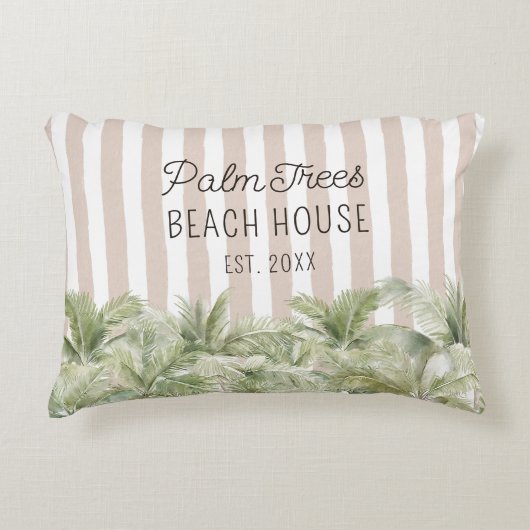 トロピカルパームツリーズベージュストライプビーチハウス アクセントクッション (正面)