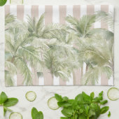 トロピカルパームツリーズベージュストライプビーチハウス キッチンタオル (折り畳み)