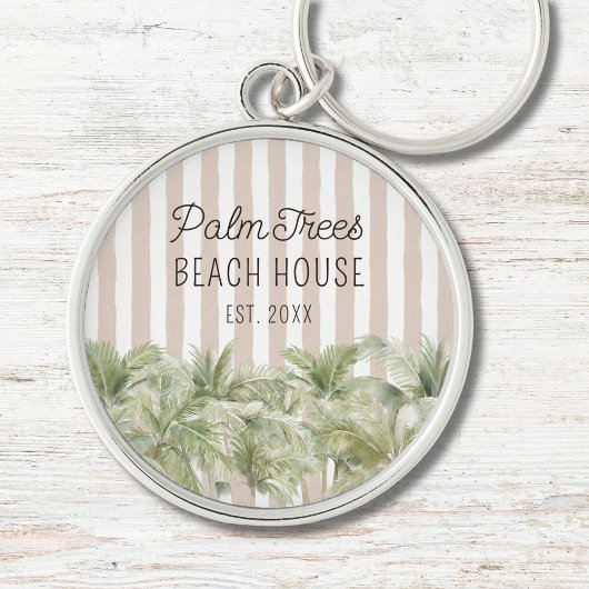 トロピカルパームツリーズベージュストライプビーチハウス キーホルダー
