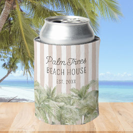 トロピカルパームツリーズベージュストライプビーチハウス 缶クーラー