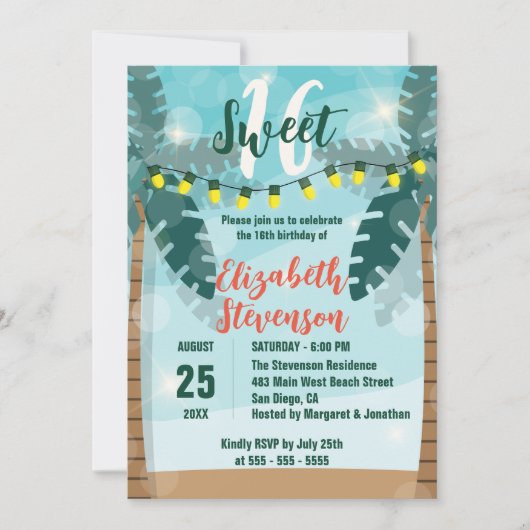 トロピカルパームツリーズライトズスウィート16誕生日 招待状 (正面)