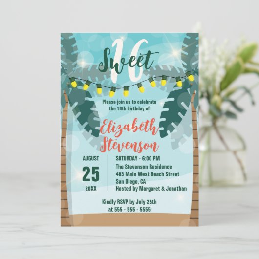 トロピカルパームツリーズライトズスウィート16誕生日 招待状 (スタンド正面)
